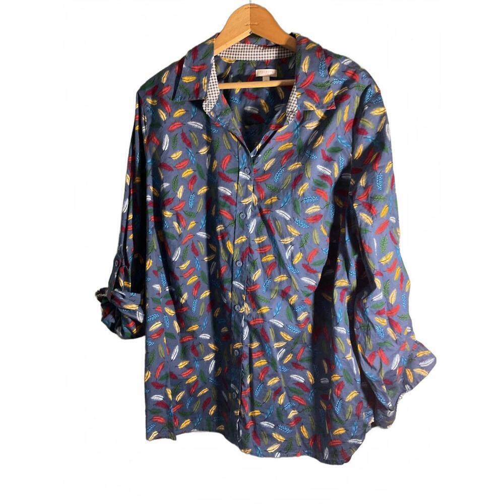 Talbots Woman Colorful Novelty Print Feather Button-Up Shirt 2X